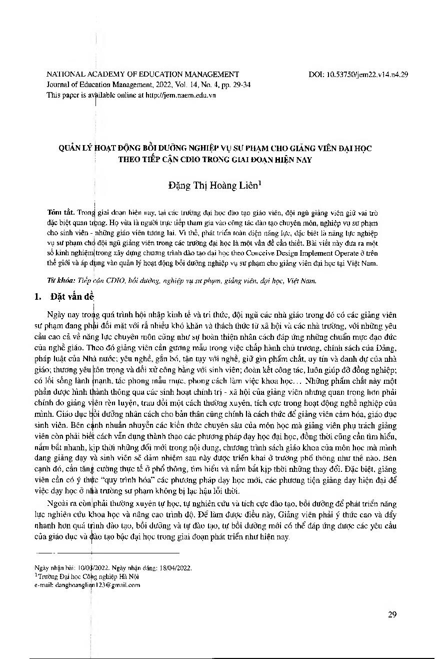 Quản lý hoạt động bồi dưỡng nghiệp vụ sư phạm cho giảng viên đại học theo tiếp cận CDIO trong giai đoạn hiện nay = Management of pedagogical development for university lecturers following CDIO approach in the current period