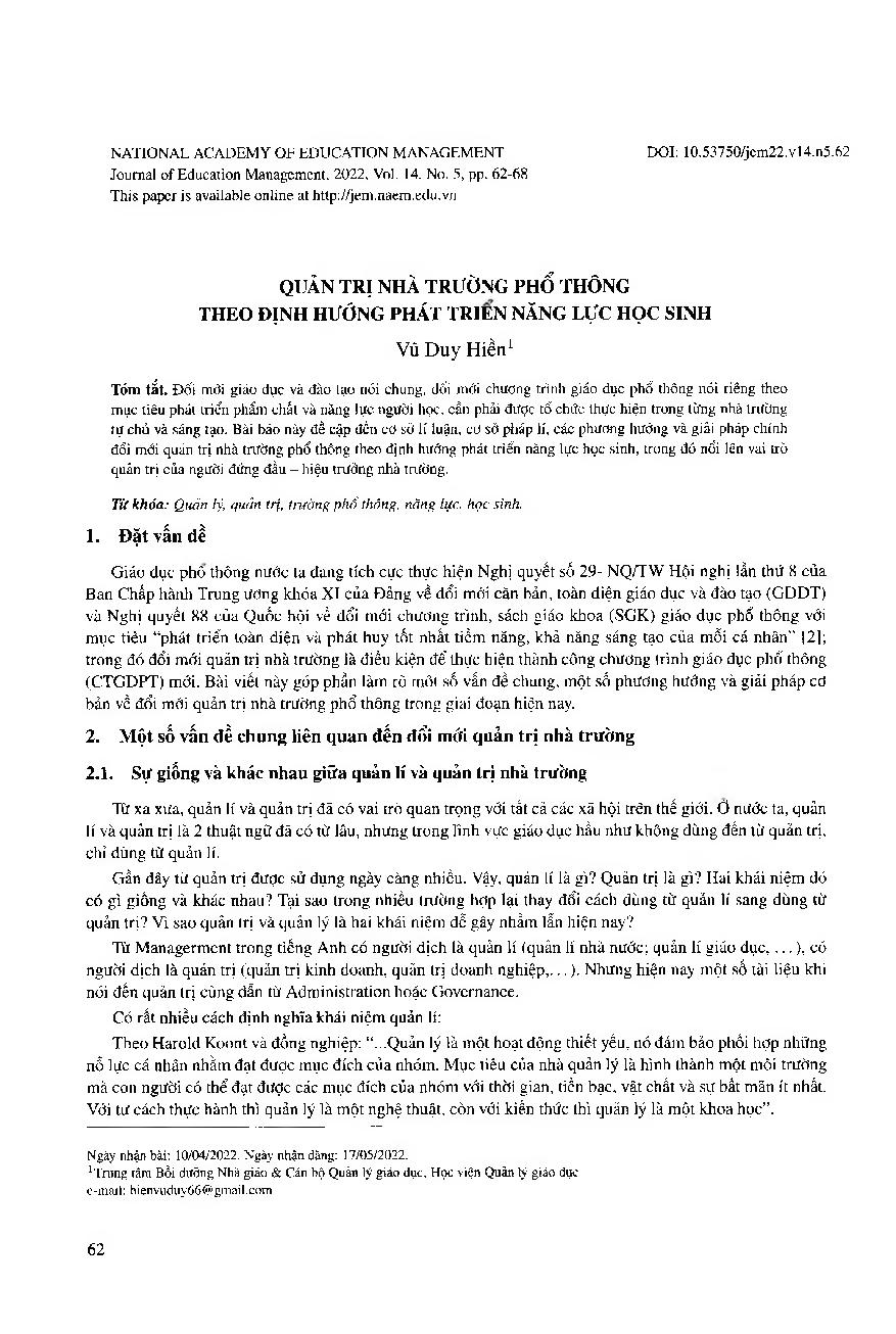 Quản trị nhà trường phổ thông theo định hướng phát triển năng lực học sinh = High school governance following student capacity development orientation