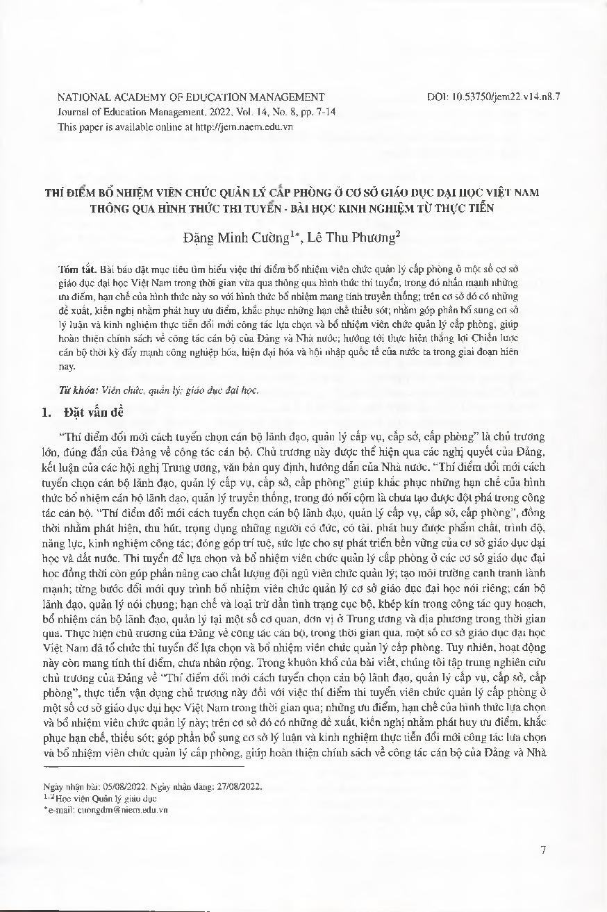 Thí điểm bổ nhiệm viên chức quản lý cấp phòng ở cơ sở giáo dục đại học Việt Nam thông qua hình thức thi tuyển - bài học kinh nghiệm từ thực tiễn = Piloting appointment of department level managers in Vietnamese higher education institutions via examinatio