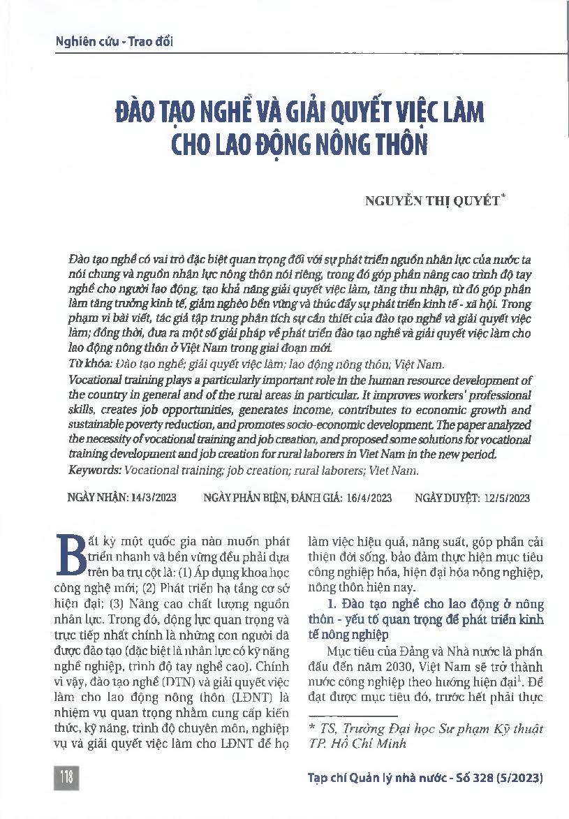 Đào tạo nghề và giải quyết việc làm cho lao động nông thôn = Vocational training and job creation for rural laborers