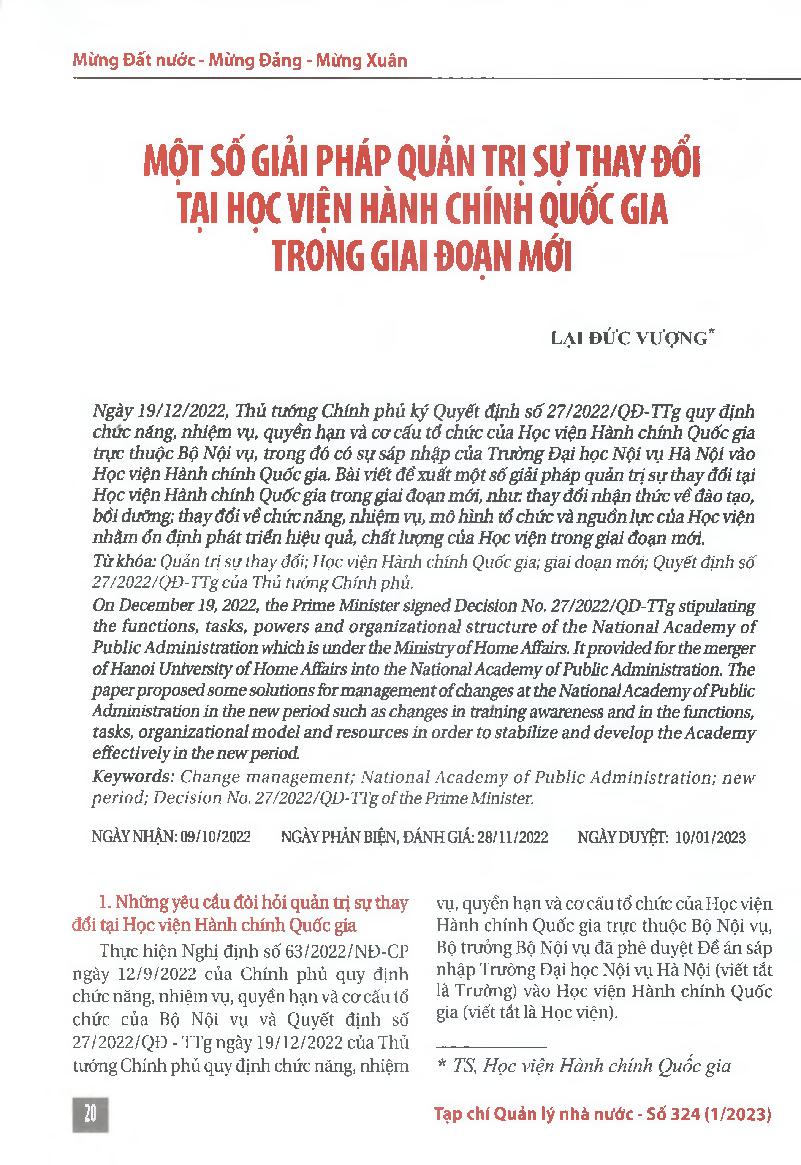 Một số giải pháp quản trị sự thay đổi tại học viện hành chính quốc gia trong giai đoạn mới = Some solutions for change management at the National Academy of Public Administration in the new period