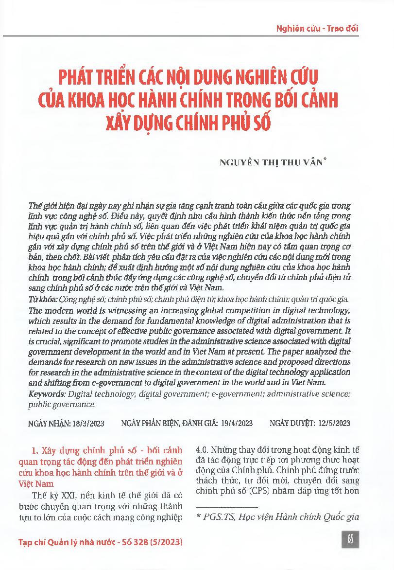 Phát triển các nội dung nghiên cứu của khoa học hành chính trong bối cảnh xây dựng chính phủ sổ = Promoting research issues in the administrative science in the context of digital government development