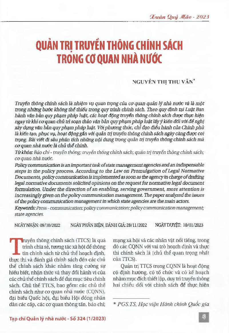 Quản trị truyền thông chính sách trong cơ quan nhà nước = Policy communication management in state agencies