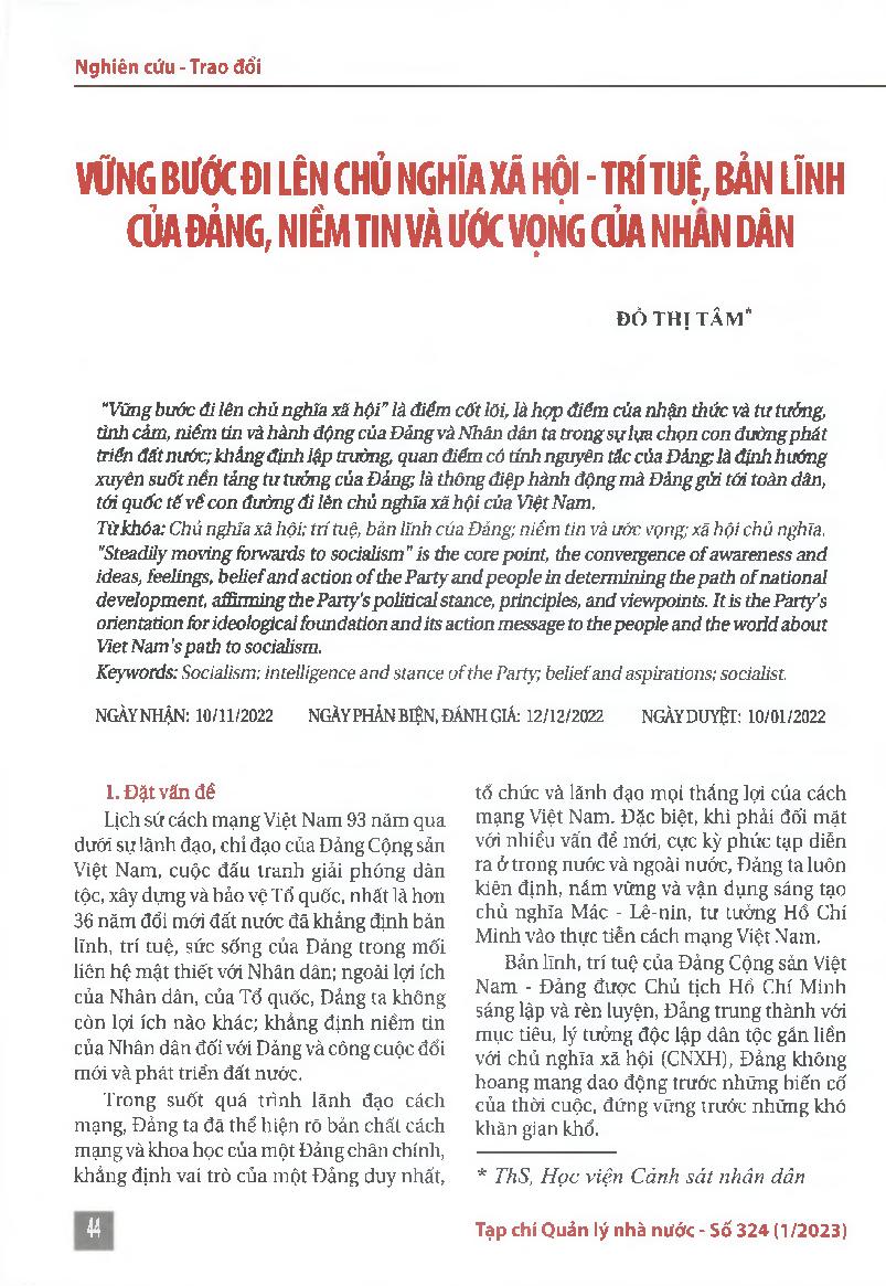 Vững bước đi lên chủ nghĩa xã hội -trí tuệ, bản lĩnh của đảng, niềm tin và ước vọng của nhân dân = Steadily moving forwards to socialism - intelligence and stance of the Communist Party of Viet Nam, belief and aspirations of the people