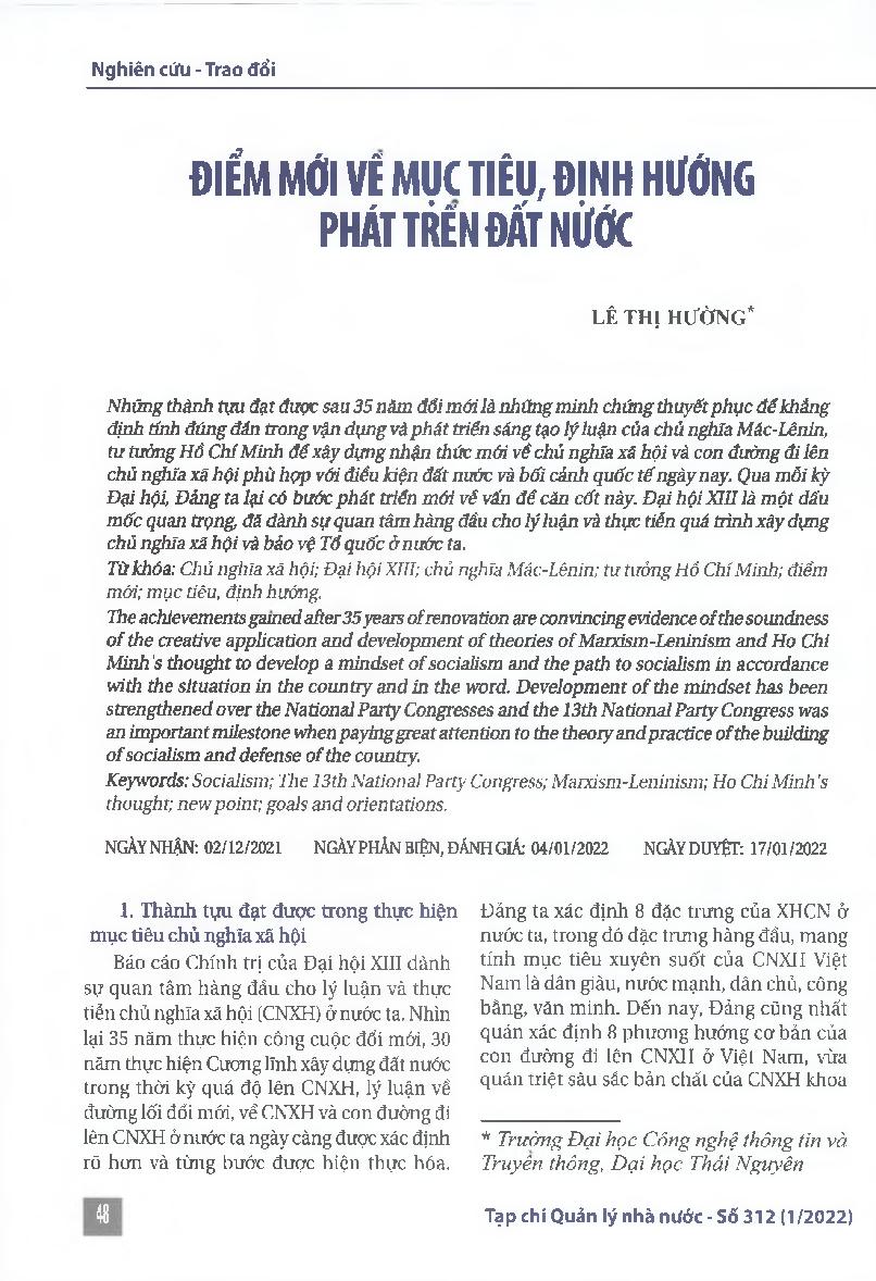 Điểm mới vệ mục tiêu, định hướng phát trên đất nước = New points on the country’s development goals and orientations stated