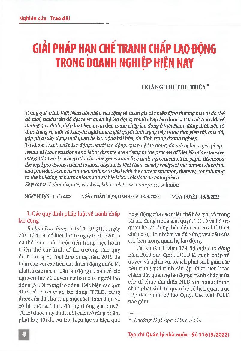 Giải pháp hạn chế tranh chấp lao động trong doanh nghiệp hiện nay = Solution to labor disputes in enterprises at present