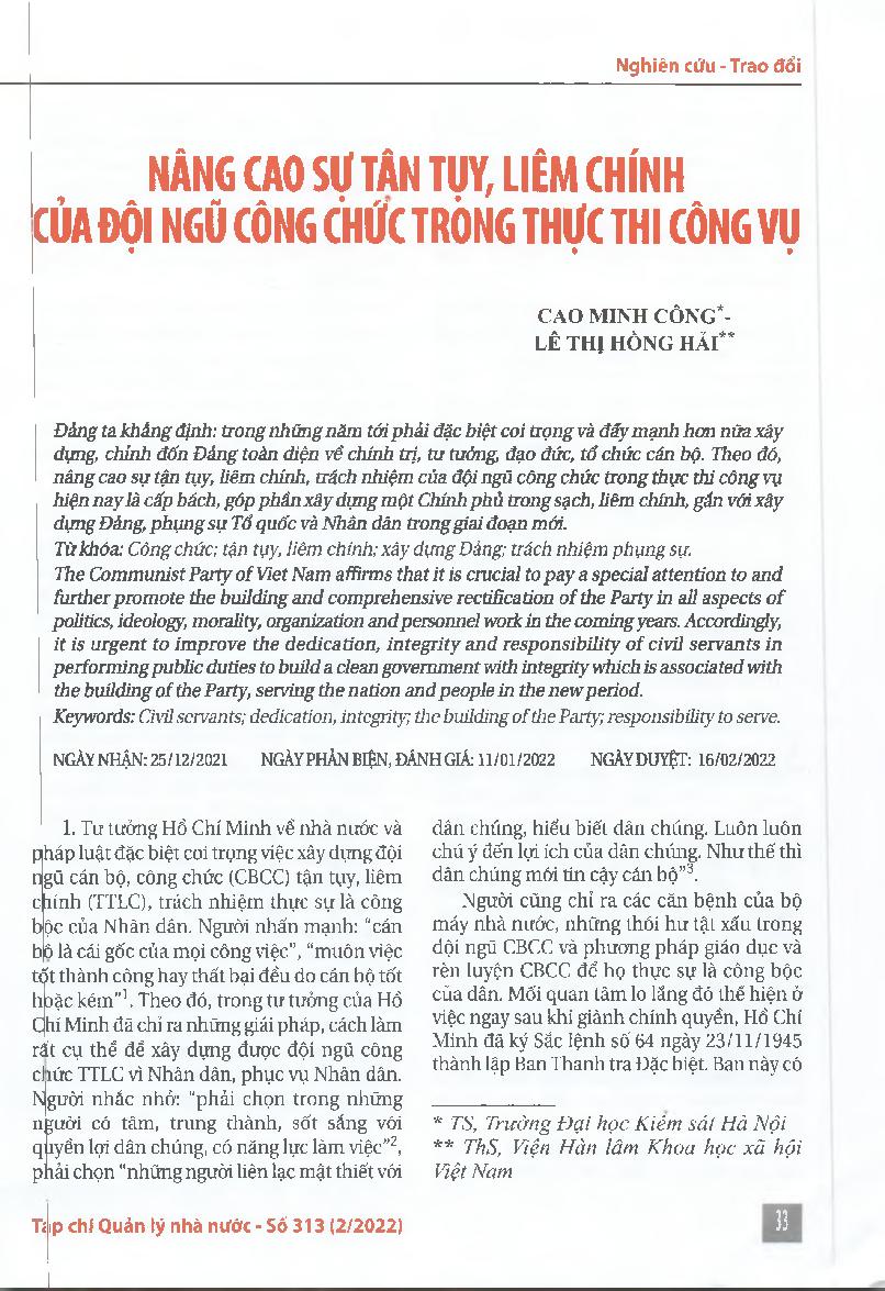 Nâng cao sự tận tụy, liêm chính của đội ngũ công chức trong thực thi công vụ = Improving the dedication and integrity of civil servants in performing public duties
