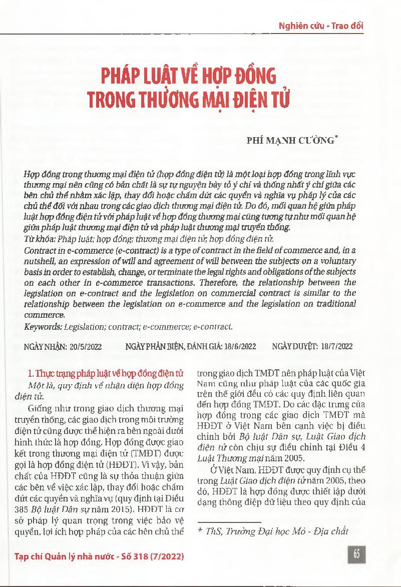 Pháp luật về hợp đồng , trong thương mại điện tử = Legislation on contracts in e-commerce
