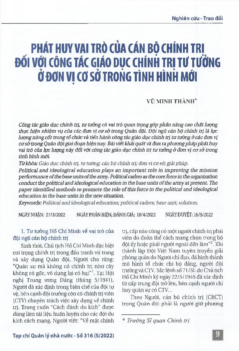 Phát huy vai trò của cán bộ chính trị đối với công tác giáo dục chính trị tư tưởng ở đơn vị cơ sở trong tình hình mới = Promoting the role of the political cadres in the political and ideological education in the base units in the new situation