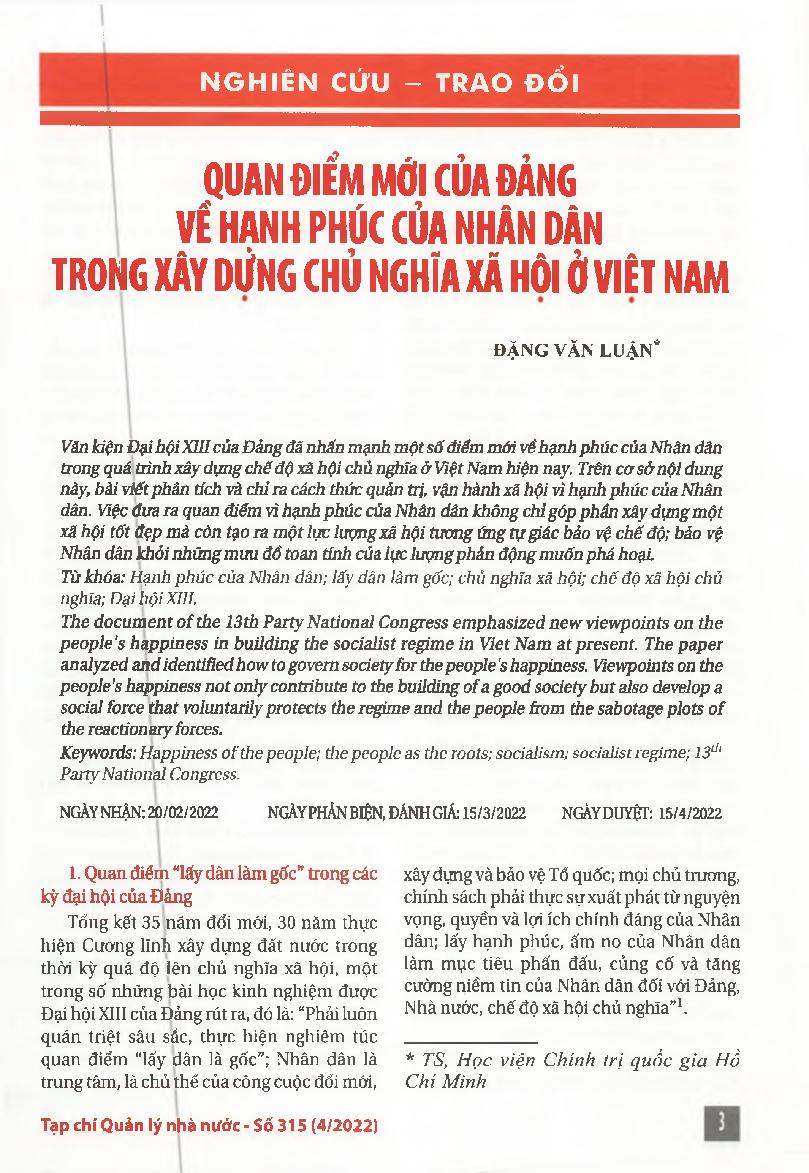 Quan điểm mới của Đảng về hạnh phúc của nhân dân trong xây dựng chủ nghĩa xã hội ở Việt Nam = The Party's new viewpoints on the people's happiness in building socialism in Vietnam