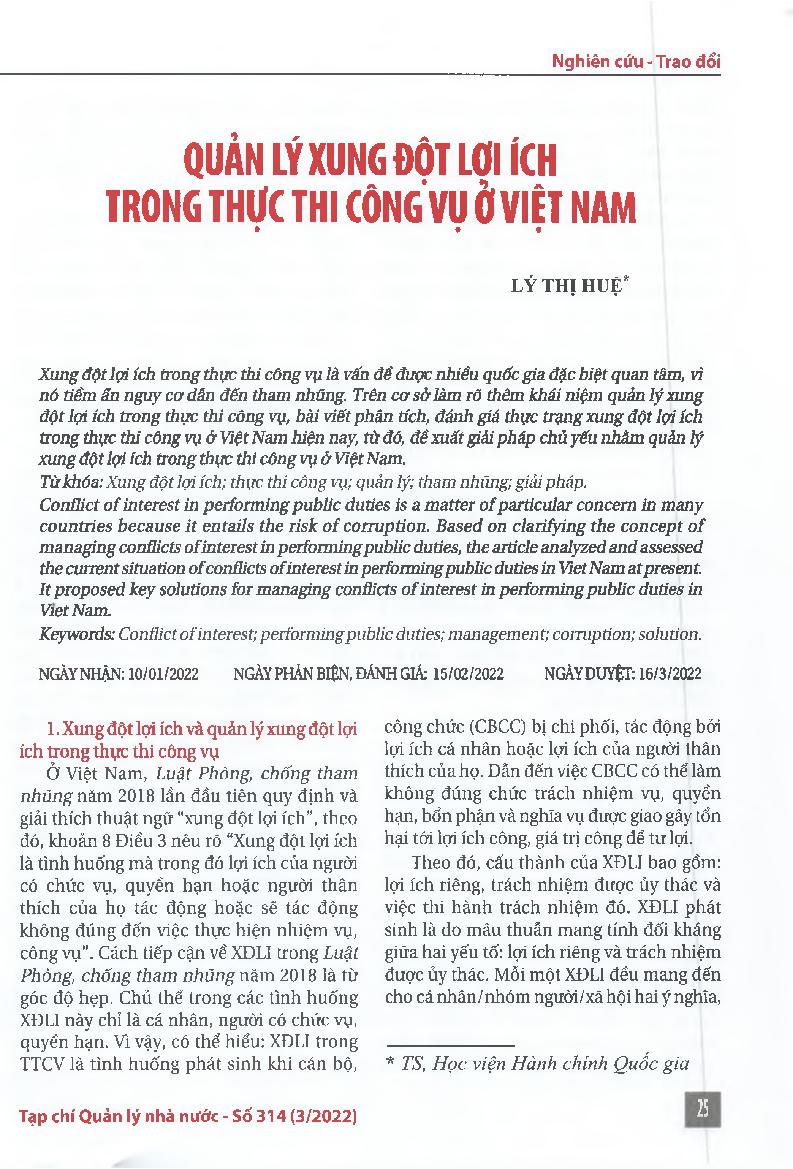 Quản lý xung đột lợi ích trong thực thi công vụ ở Việt Nam = Managing conflicts of interest in performing public duties in Viet Nam