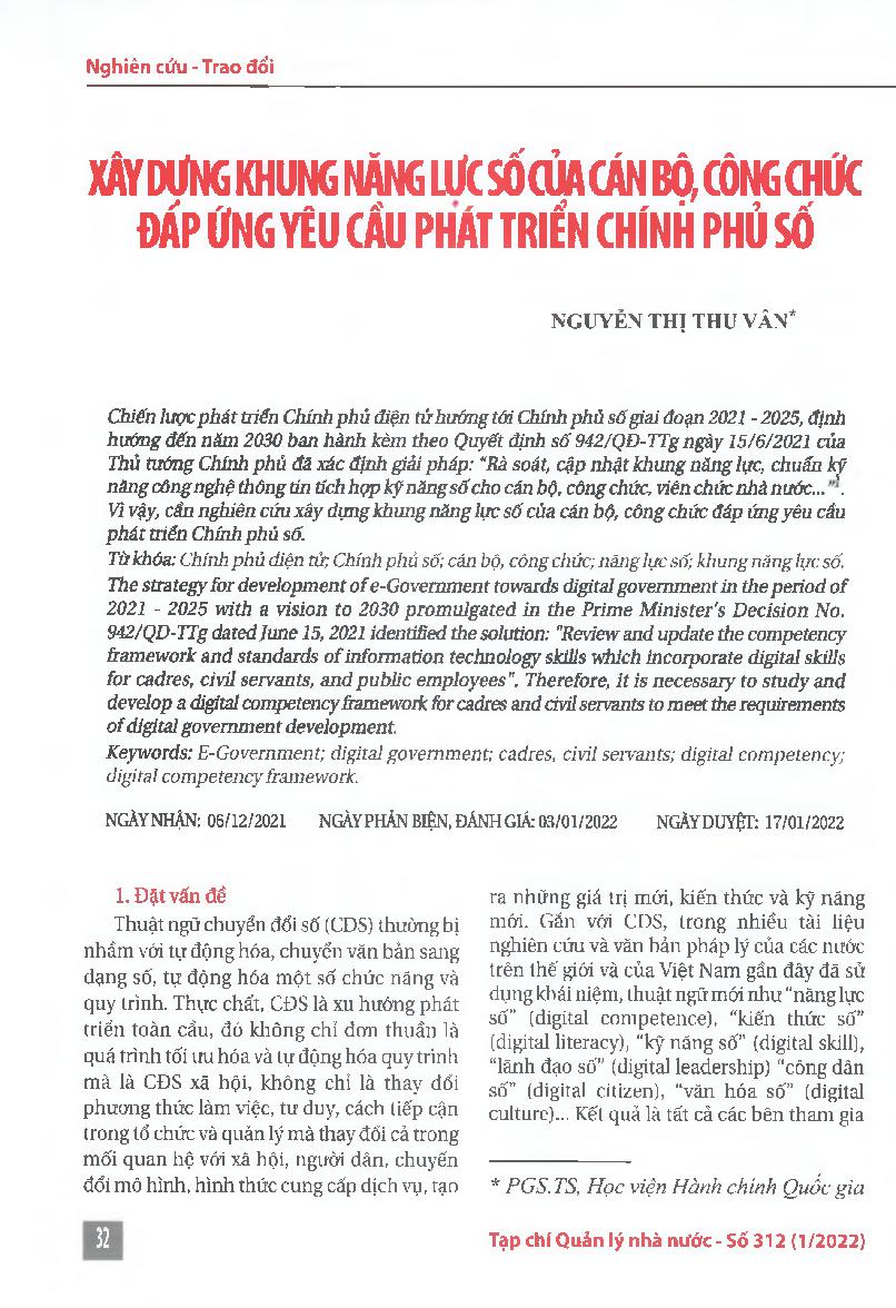Xây dựng khung năng lực số của cán bộ, công chức đáp ứng yêu cầu phát triển chính phủ số = Developing a digital competency framework for cadres and civil servants to meet the requirements of digital government development