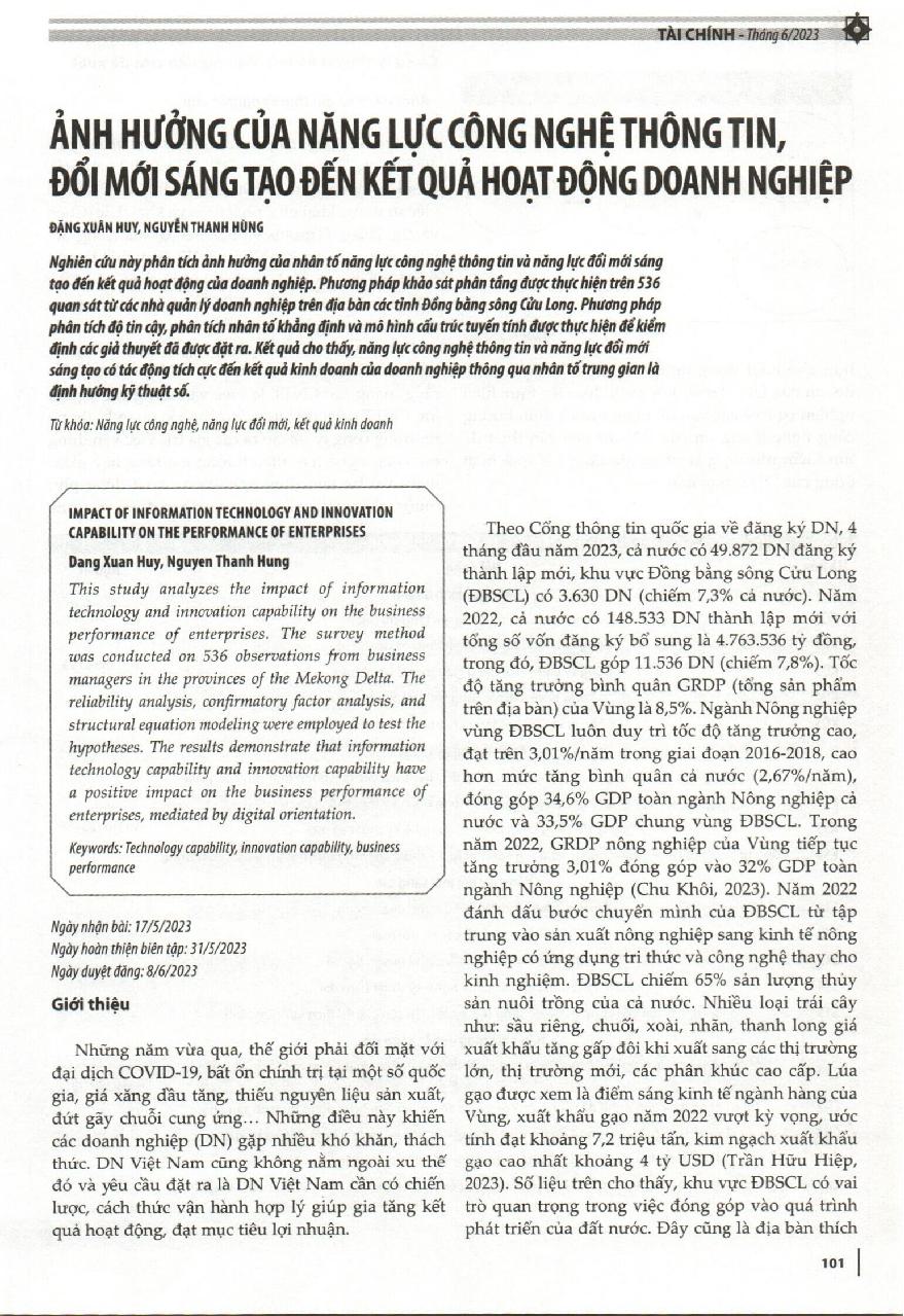 Ảnh hưởng của năng lực công nghệ thông tin, đổi mới sáng tạo đến kết quả hoạt động doanh nghiệp