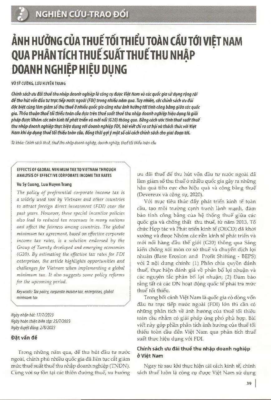 Ảnh hưởng của thuế tối thiểu toàn cầu tới Việt Nam qua phân tích thuế suất thuế thu nhập doanh nghiệp hiệu dụng