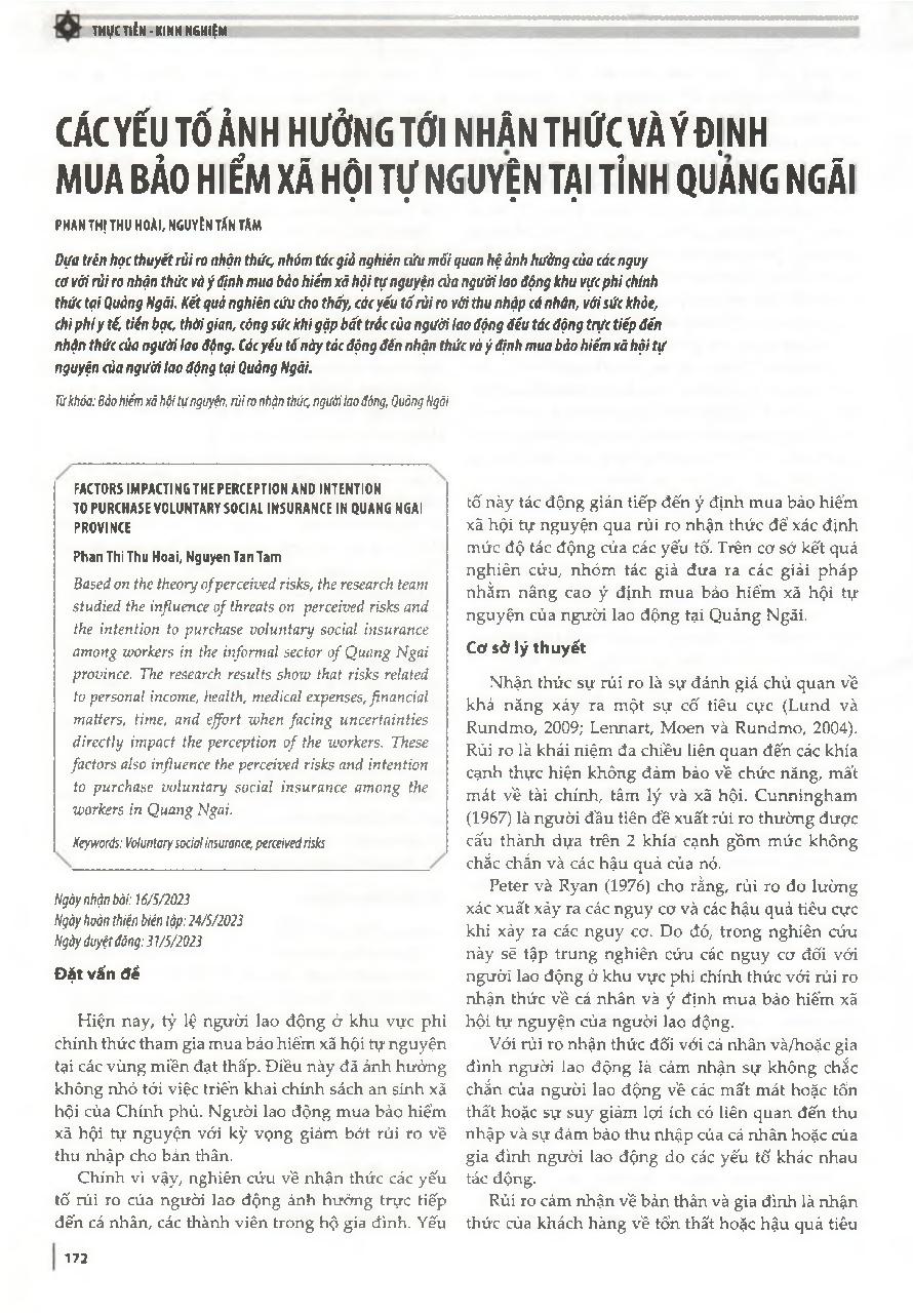 Các yếu tố ảnh hưởng tới nhận thức và ý định mua bảo hiểm xã hội tự nguyện tại tỉnh Quảng Ngãi