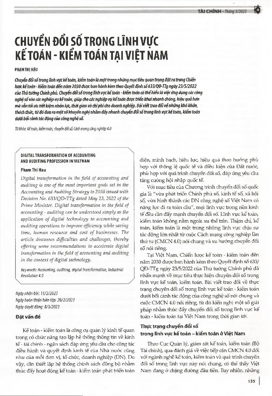 Chuyển đổi số trong lĩnh vực Kế toán-Kiểm toán tại Việt Nam = Digital transformation of accounting and auditing profession in Vietnam