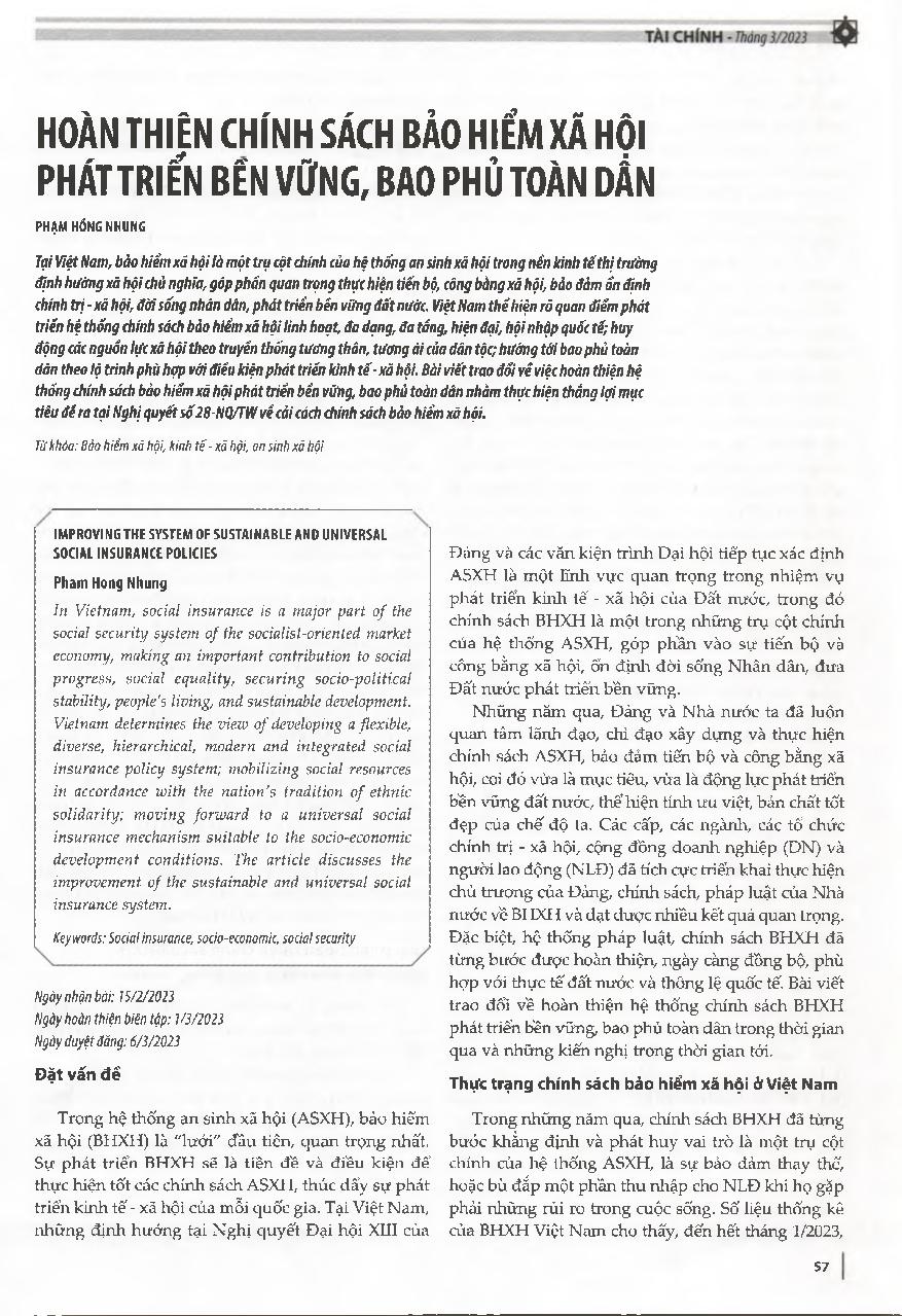 Hoàn thiện chính sách bảo hiểm xã hội phát triển bền vững, bao phủ toàn dân = Improving the system of sustainable and universal social insurance policies