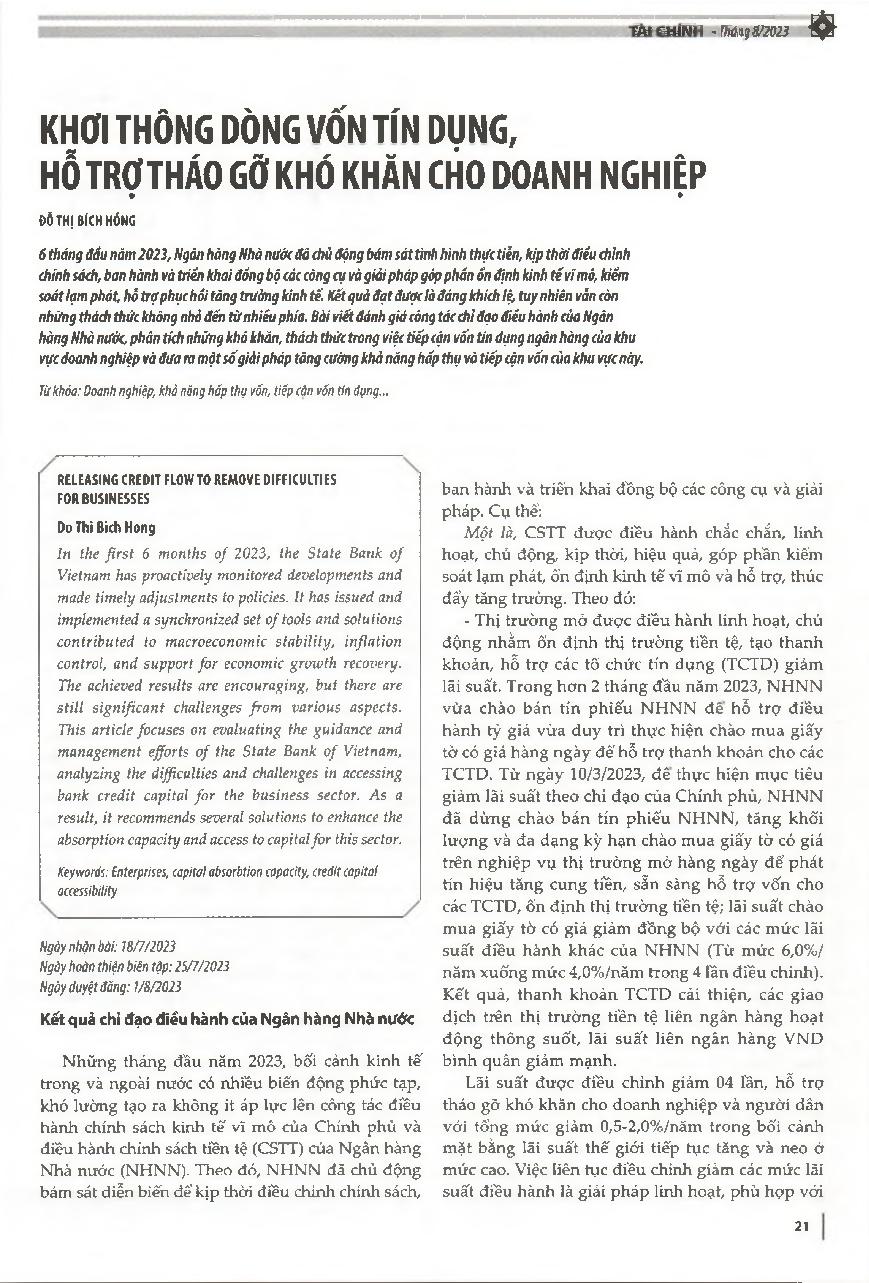 Khơi thông dòng vốn tín dụng, hỗ trợ tháo gỡ khó khăn cho doanh nghiệp