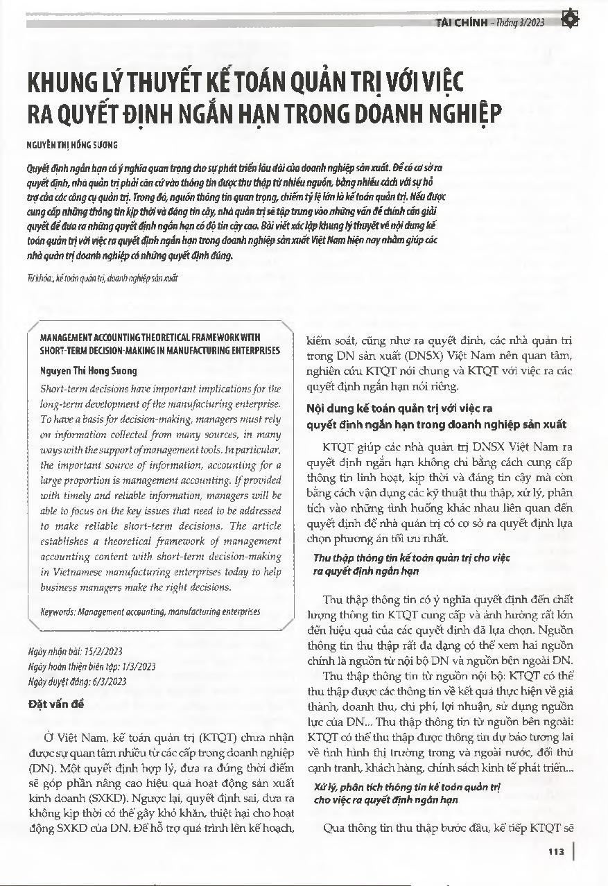 Khung lý thuyết kế toán quản trị với việc ra quyết định ngắn hạn trong doanh nghiệp = Management accounting theoretical framework with short-term decision-making in manufacturing enterprises