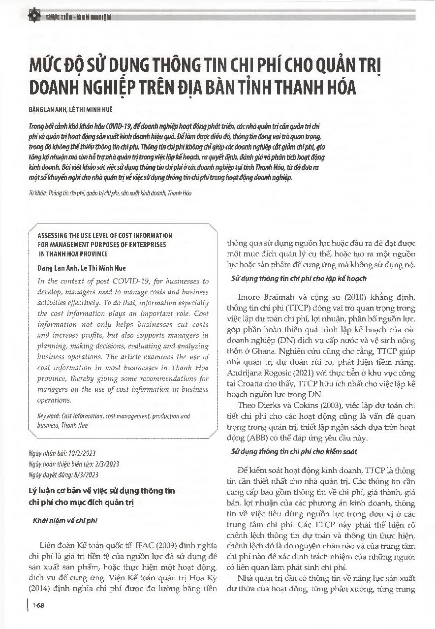 Mức độ sử dụng thông tin chi phí cho quản trị doanh nghiệp trên địa bàn tỉnh Thanh Hóa = Assessing the use level of cost information for management purposes of enterprises in Thanh Hoa province