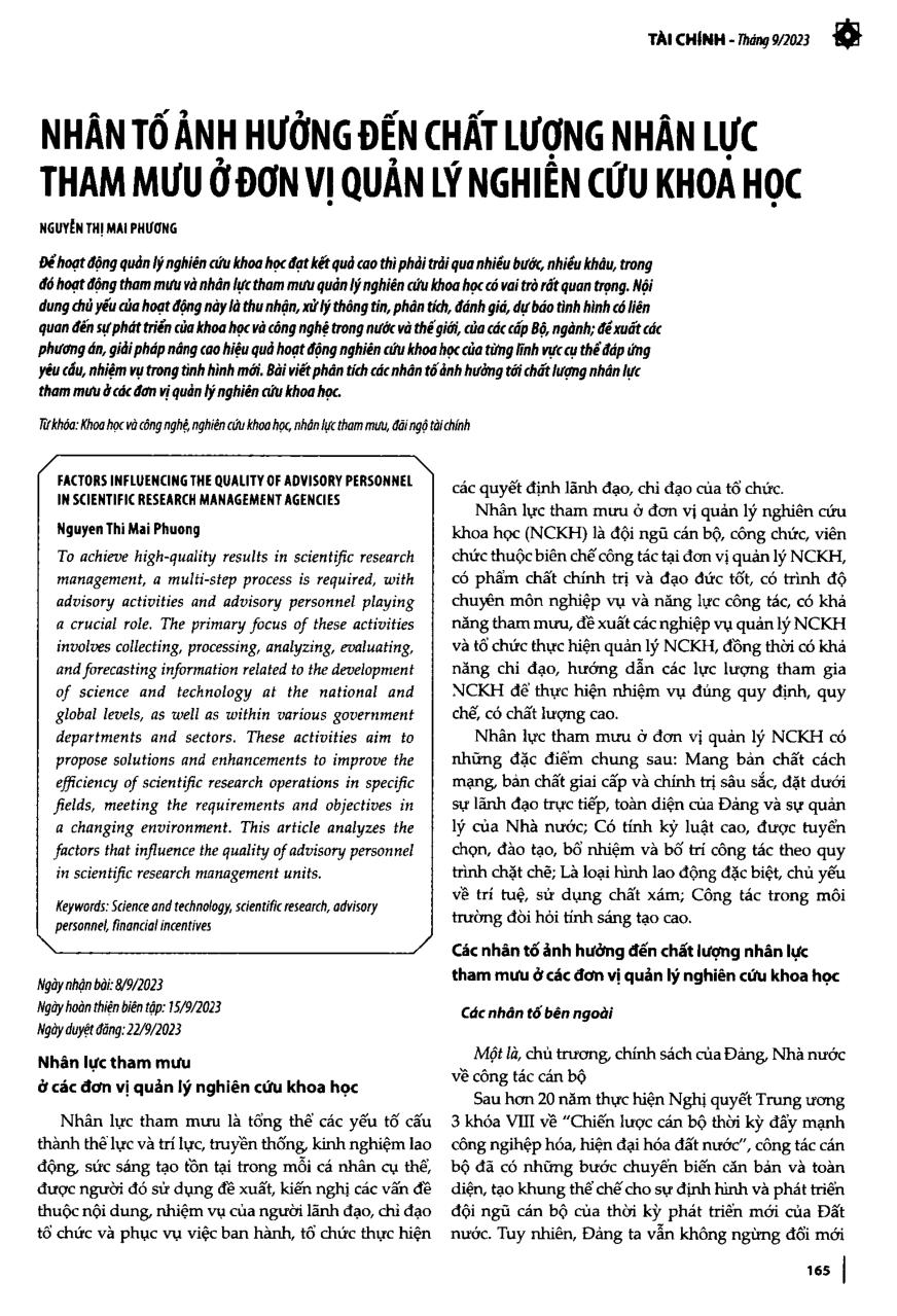 Nhân tố ảnh hưởng đến chất lượng nhân lực tham mưu ở đơn vị quản lý nghiên cứu khoa học