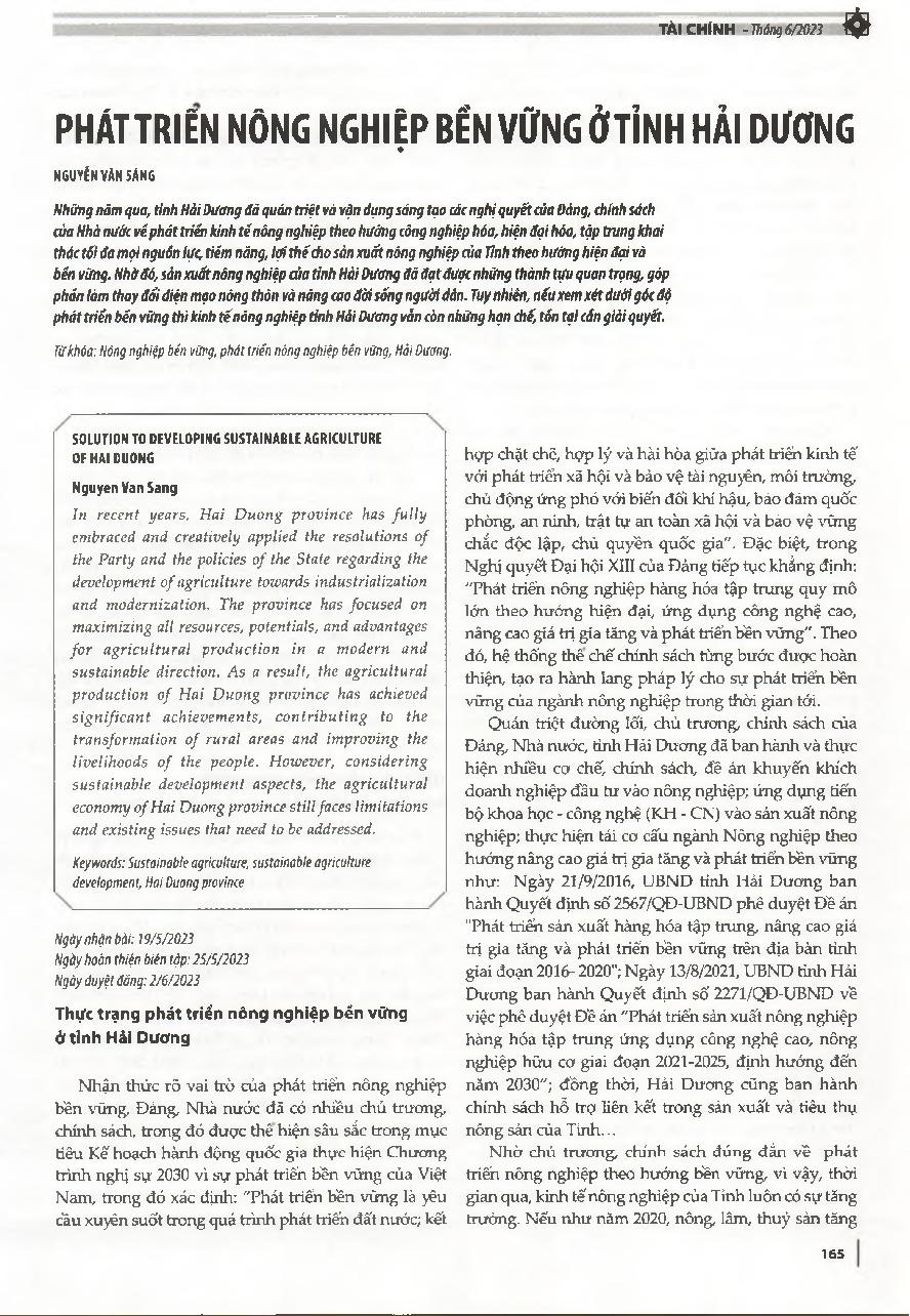 Phát triển nông nghiệp bền vững ở tỉnh Hải Dương