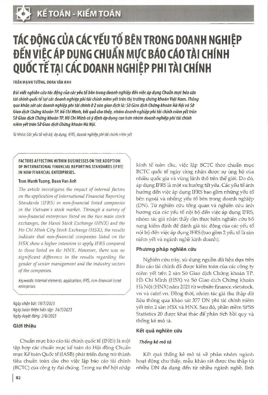 Tác động của các yếu tố bên trong doanh nghiệp đến việc áp dụng Chuẩn mực báo cáo tài chính quốc tế tại các doanh nghiệp phi tài chính
