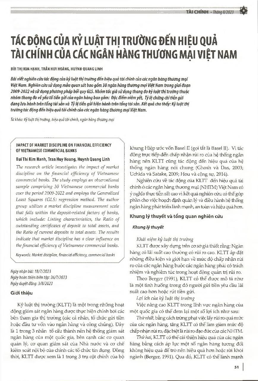 Tác động của kỷ luật thị trường đến hiệu quả tài chính của các ngân hàng thương mại Việt Nam