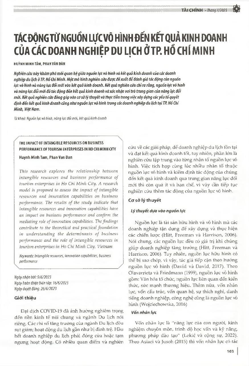 Tác động từ nguồn lực vô hình đến kết quả kinh doanh của các doanh nghiệp du lịch ở TP. Hồ Chí Minh