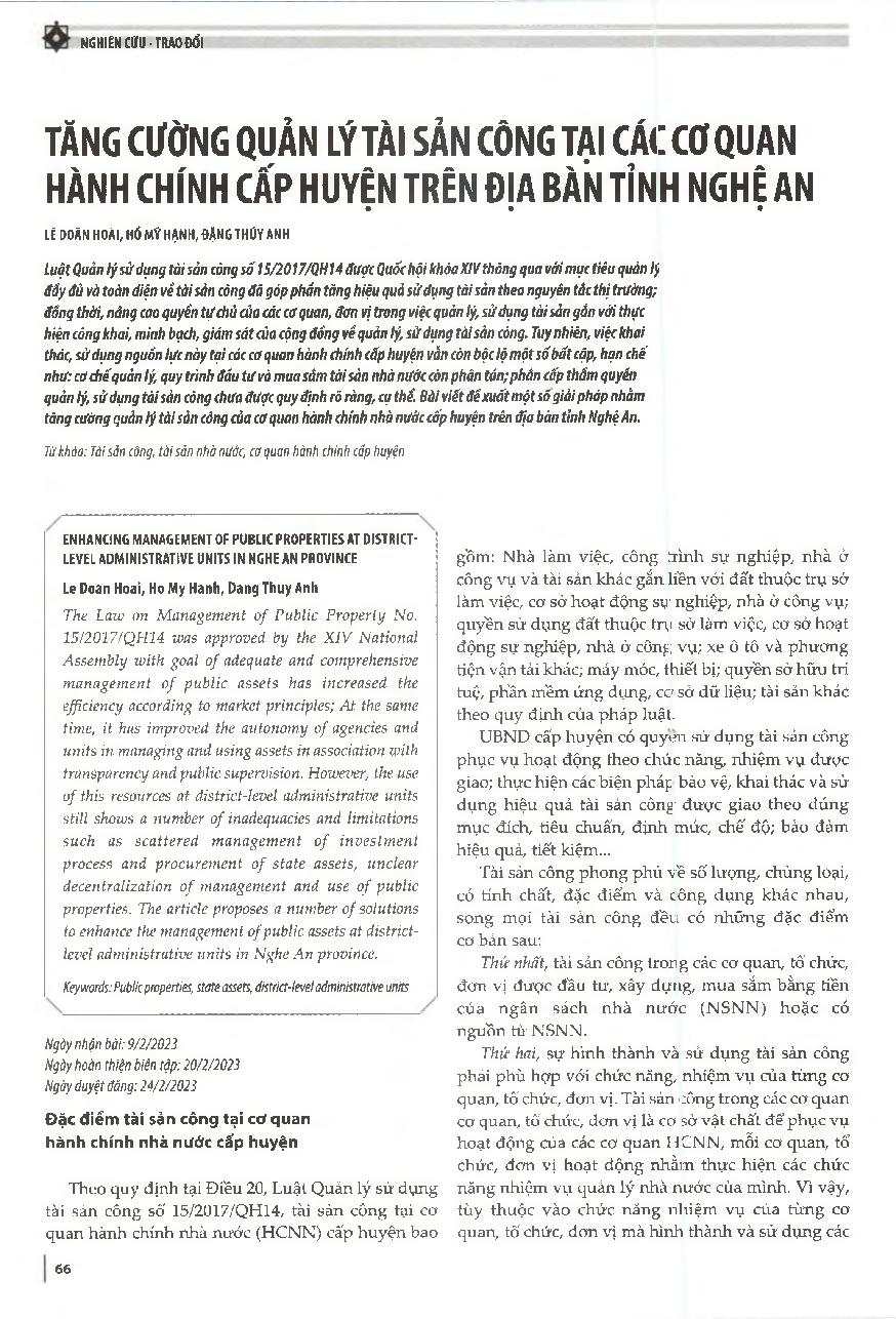 Tăng cường quản lý tài sản công tại các cơ quan hành chính cấp huyện trên địa bàn tỉnh Nghệ An = 66 Enhancing management of public properties at district-level administrative units in Nghe An province