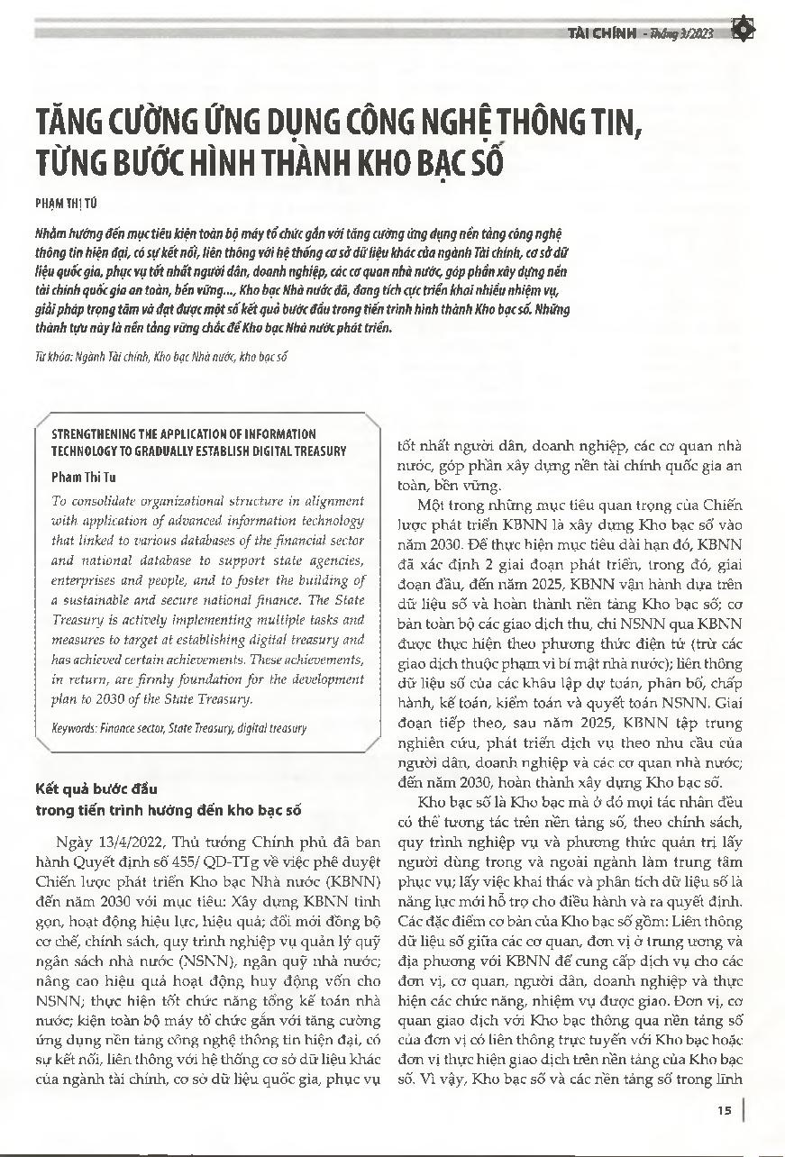 Tăng cường ứng dụng công nghệ thông tin, từng bước hình thành Kho bạc số = Strengthening the application of information technology to gradually establish digital treasury