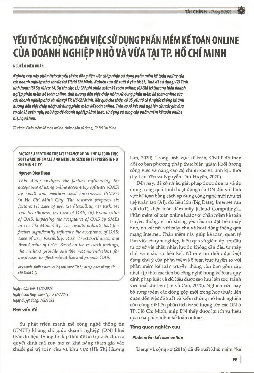 Yếu tố tác động đến việc sử dụng phần mềm kế toán online của doanh nghiệp nhỏ và vừa tại TP. Hồ Chí Minh