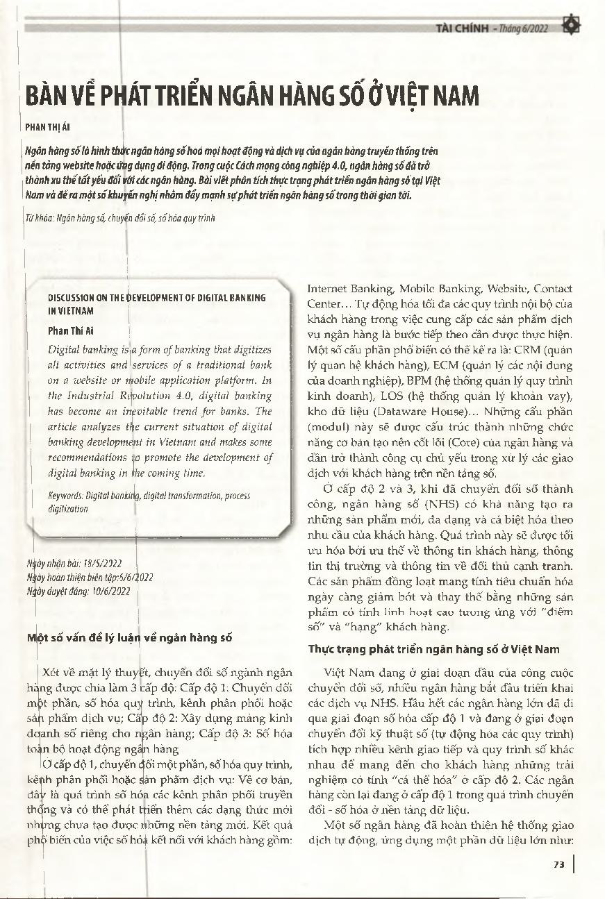 Bàn về phát triển ngân hàng số ở Việt Nam = Discussion on the development of digital banking in Vietnam