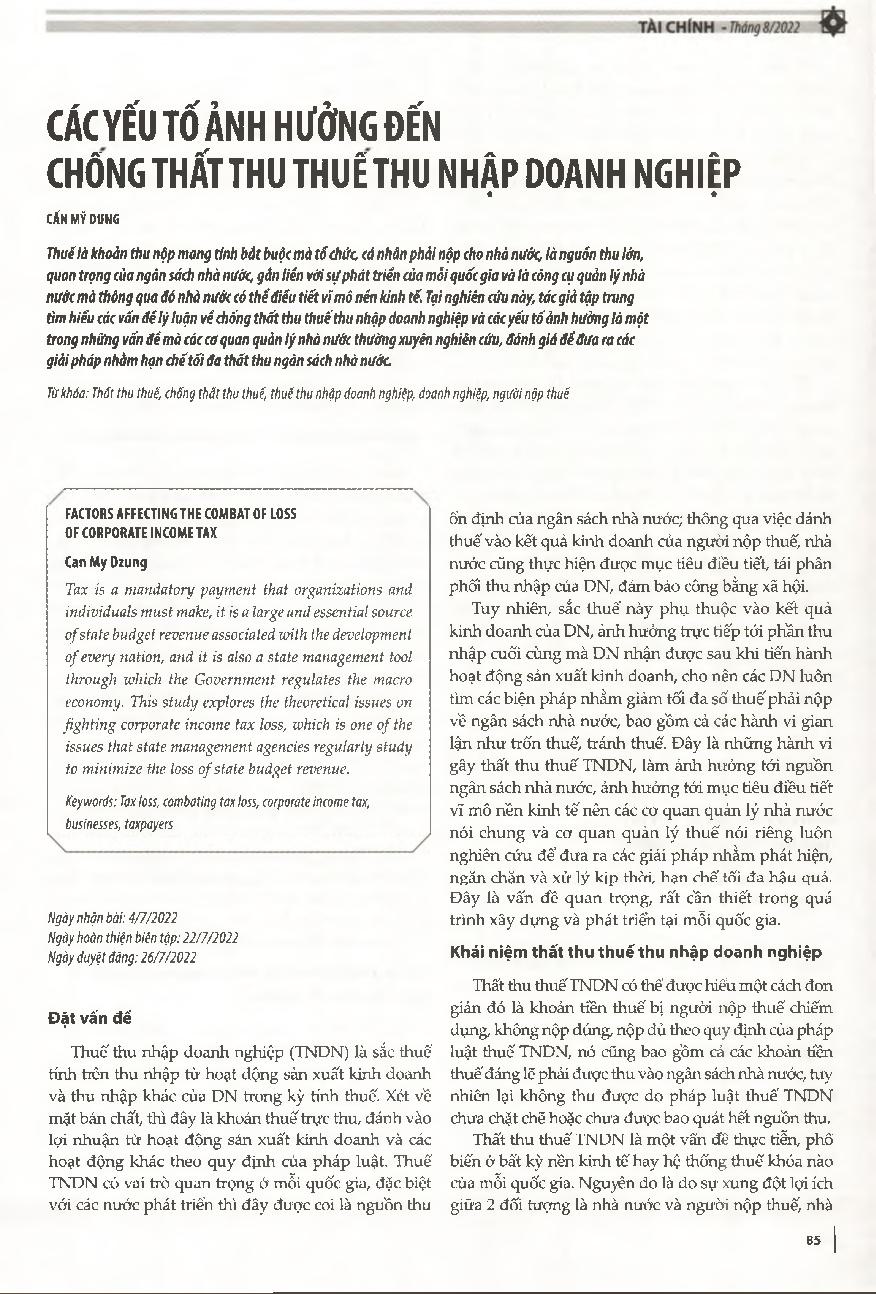 Các yếu tố ảnh hưởng đến chống thất thu thuế thu nhập doanh nghiệp = Factors affecting the combat of loss of corporate income tax