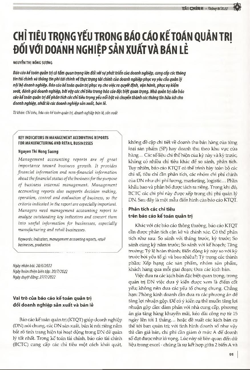 Chỉ tiêu trọng yếu trong báo cáo kế toán quản trị đối với doanh nghiệp sản xuất và bán lẻ = Key indicators in management accounting reports for manufacturing and retail businesses