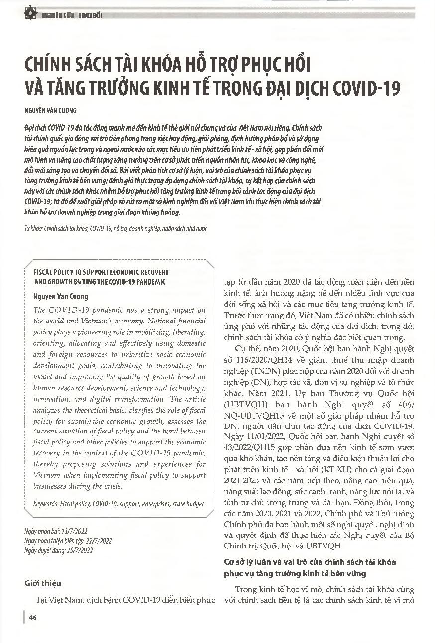 Chính sách tài khóa hỗ trợ phục hồi và tăng trưởng kinh tế trong đại dịch COVID-19 = Fiscal policy to support economic recovery and growth during the COVID-19 pandemic