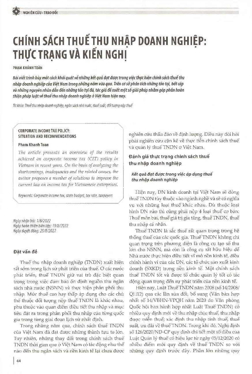 Chính sách thuế thu nhập doanh nghiệp: Thực trạng và kiến nghị = Corporate income tax policy: Situation and Recommendations
