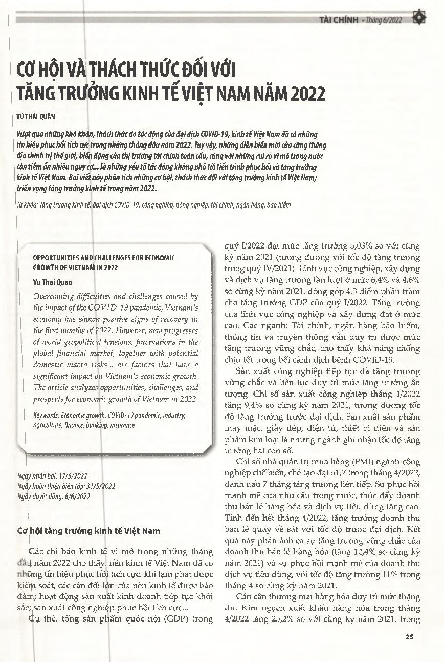 Cơ hội và thách thức đối với tăng trưởng kinh tế Việt Nam năm 2022 = Opportunities and challenges for economic growth of Vietnam in 2022