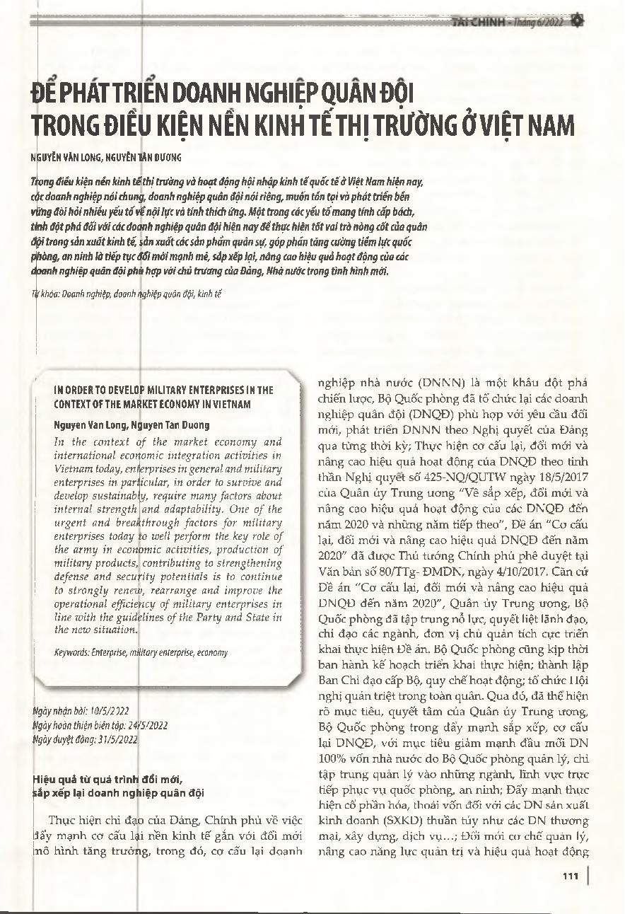 Đề phát triển doanh nghiệp quân đội trong điều kiện nền kinh tế thị trường ở Việt Nam = In order to develop military enterprises in the context of the market economy in Vietnam
