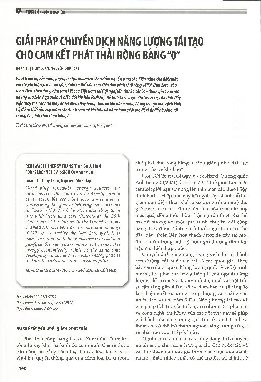 Giải pháp chuyển dịch năng lượng tái tạo cho cam kết phát thải ròng bằng "0" = Renewable energy transition solution for "zero" net emission commitment