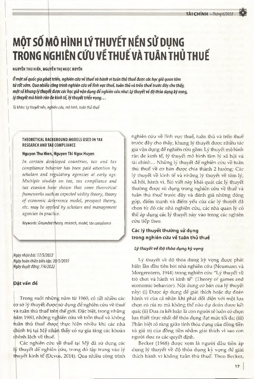 Một số mô hình lý thuyết nền sử dụng trong nghiên cứu về thuế và tuân thủ thuế = Theoretical background models used in tax research and tax compliance