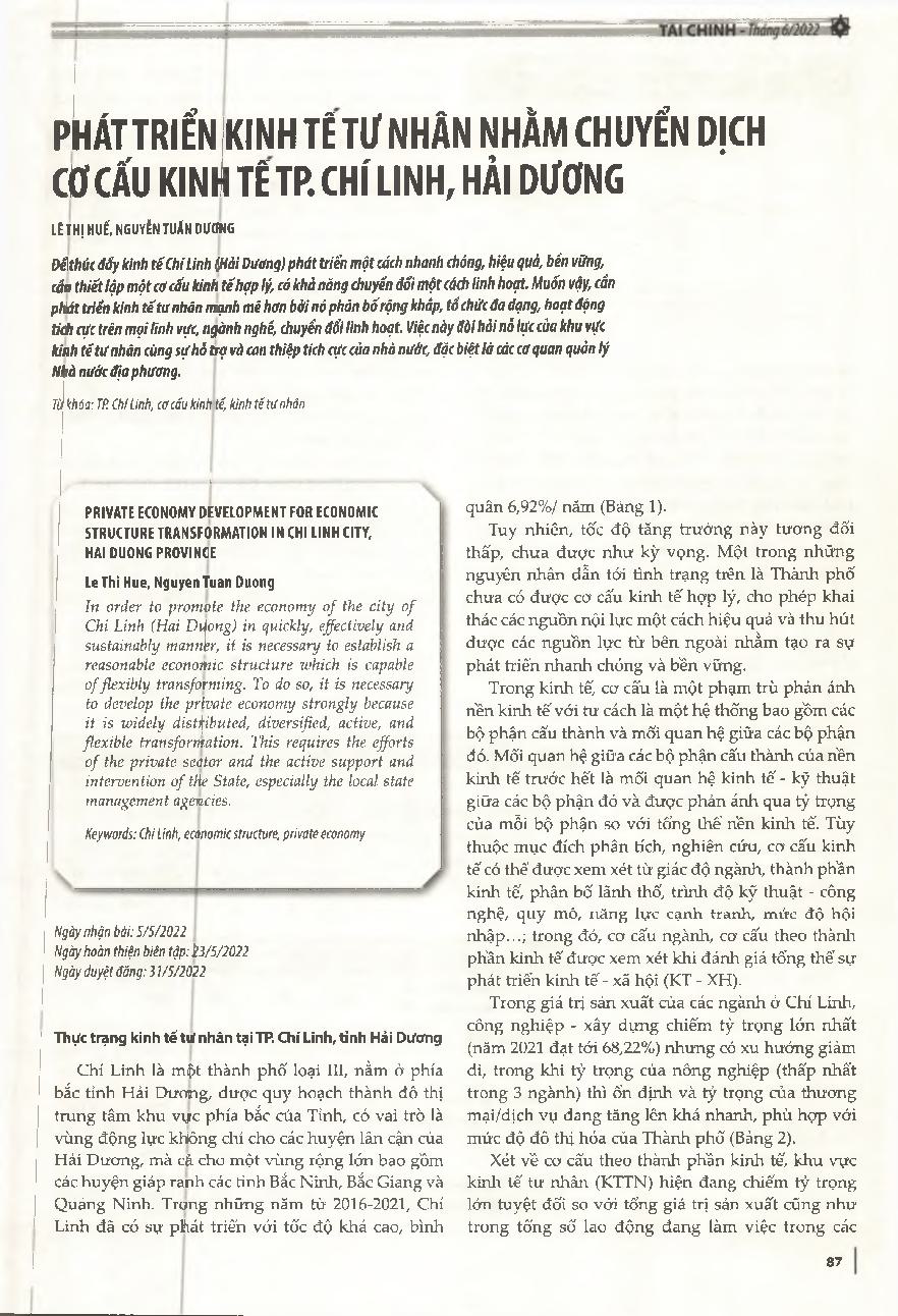 Phát triển kinh tế tư nhân nhằm chuyển dịch cơ cấu kinh tế TP. Chí Linh, Hải Dương = Private economy development for economic structure transformation in Chi Linh city, Hal Duong province