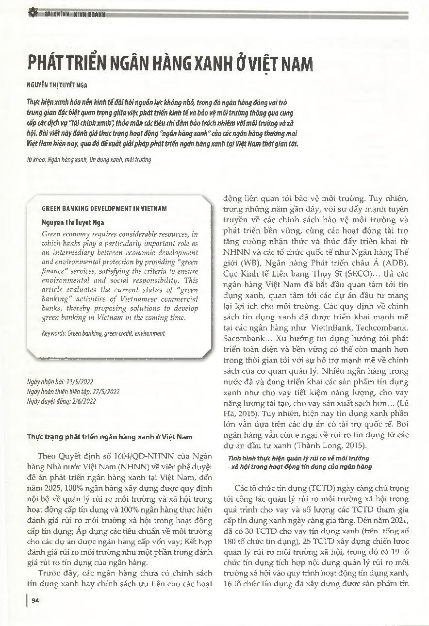 Phát triển ngân hàng xanh ở Việt Nam = Green banking development in Vietnam