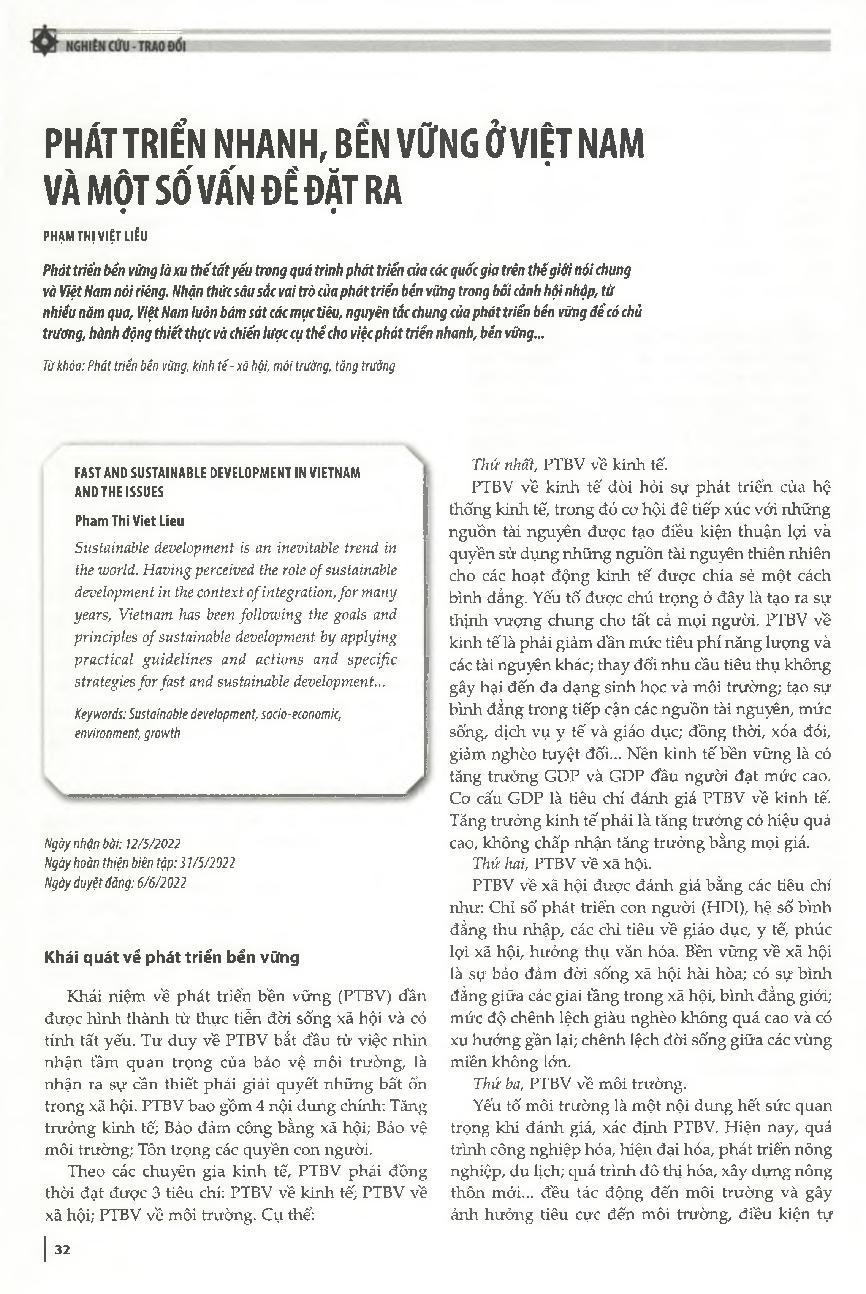 Phát triển nhanh, bền vững ở Việt Nam và một số vấn đề đặt ra = Fast and sustainable development in Vietnam and the issues