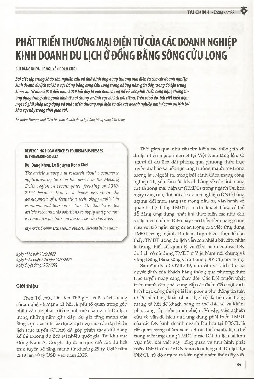 Phát triển thương mại điện tử của các doanh nghiệp kinh doanh du lịch ở Đồng bằng sông Cửu Long = Developing E-commerce by tourism businesses in the Mekong Delta
