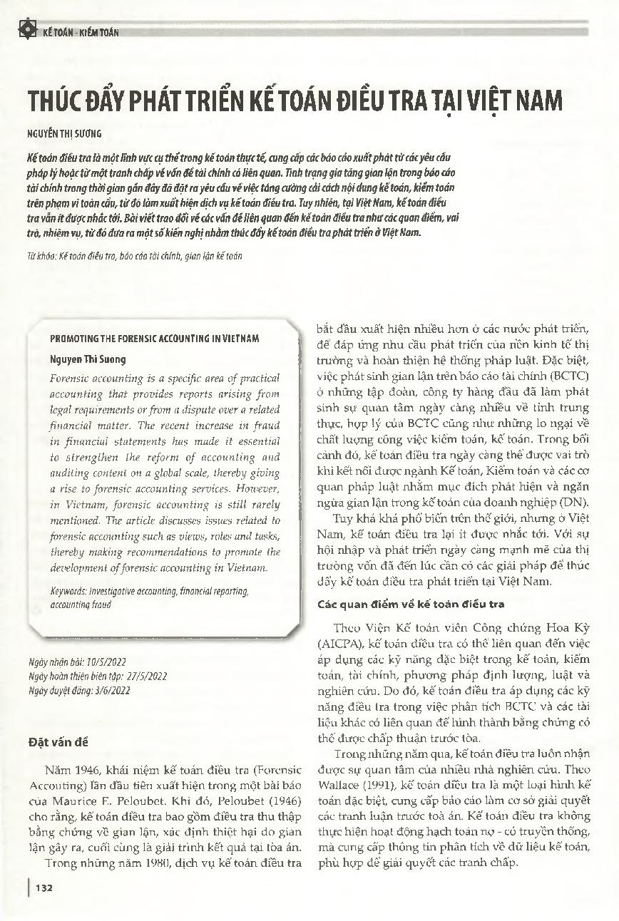 Thúc đẩy phát triển kế toán điều tra tại Việt Nam = Promoting the forensic accounting in Vietnam