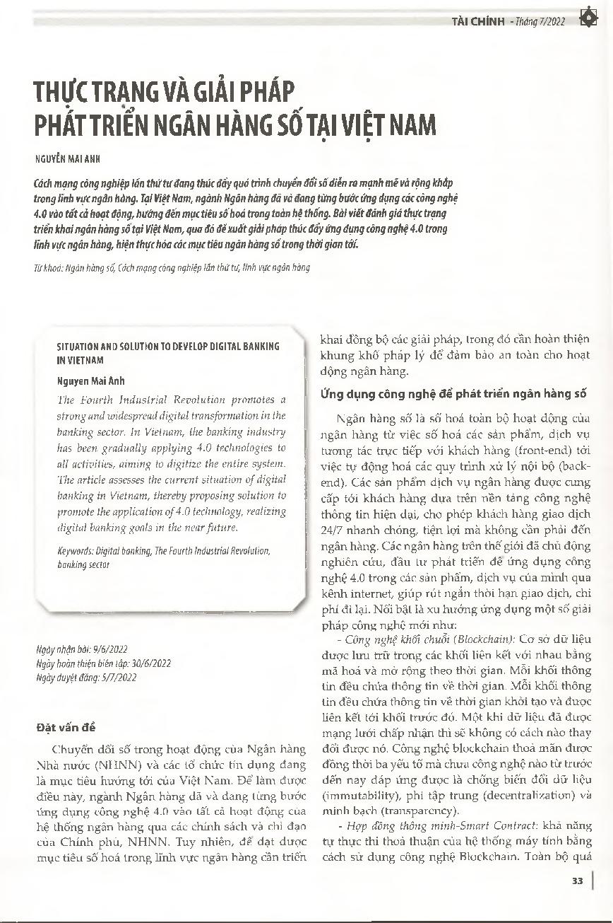 Thực trạng và giải pháp phát triển ngân hàng số tại Việt Nam = Situation and solution to develop digital banking in Vietnam
