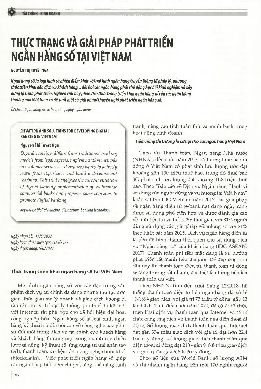 Thực trạng và giải pháp phát triển ngân hàng số tại Việt Nam = Situation and solutions for developing digital banking in Vietnam