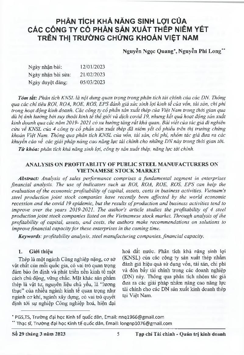 Phân tích khả năng sinh lợi của các công ty cổ phần sản xuất thép niêm yết trên thị trường chứng khoán Việt Nam = Analysis on profitability of public steel manufacturers on Vietnamese stock market