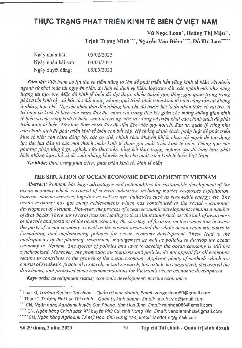 Thực trạng phát triển kinh tế biển ở Việt Nam = The situation of ocean economic development in Vietnam